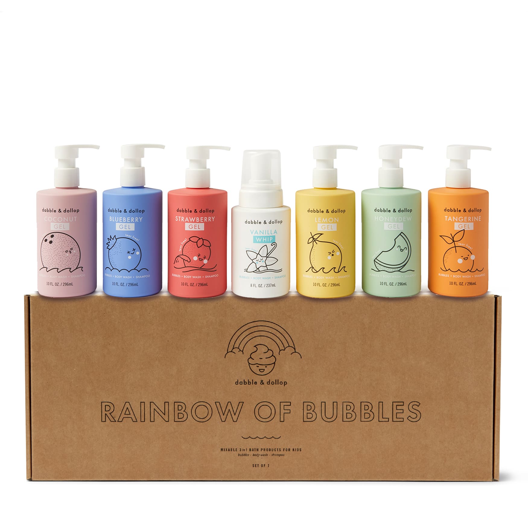 Dabble & Dollop presents a rainbow of seven colorful, fruit-scented 3-in-1 bath products for kids, including coconut, blueberry, and strawberry gel.
