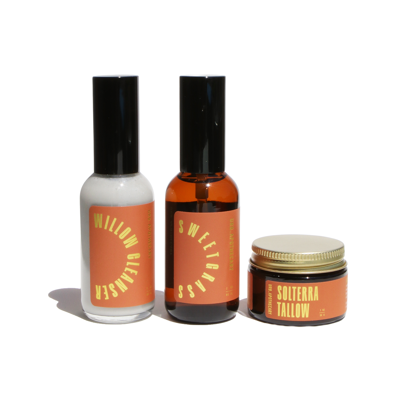 Displays Urb Apothecary skincare products, including Willow Cleanser, Sweetgrass, and Solterra Tallow.

