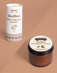 Showcases VanMan's natural deodorant in coconut magnesium and vanilla magnesium, featuring a vintage van illustration on the packaging.
