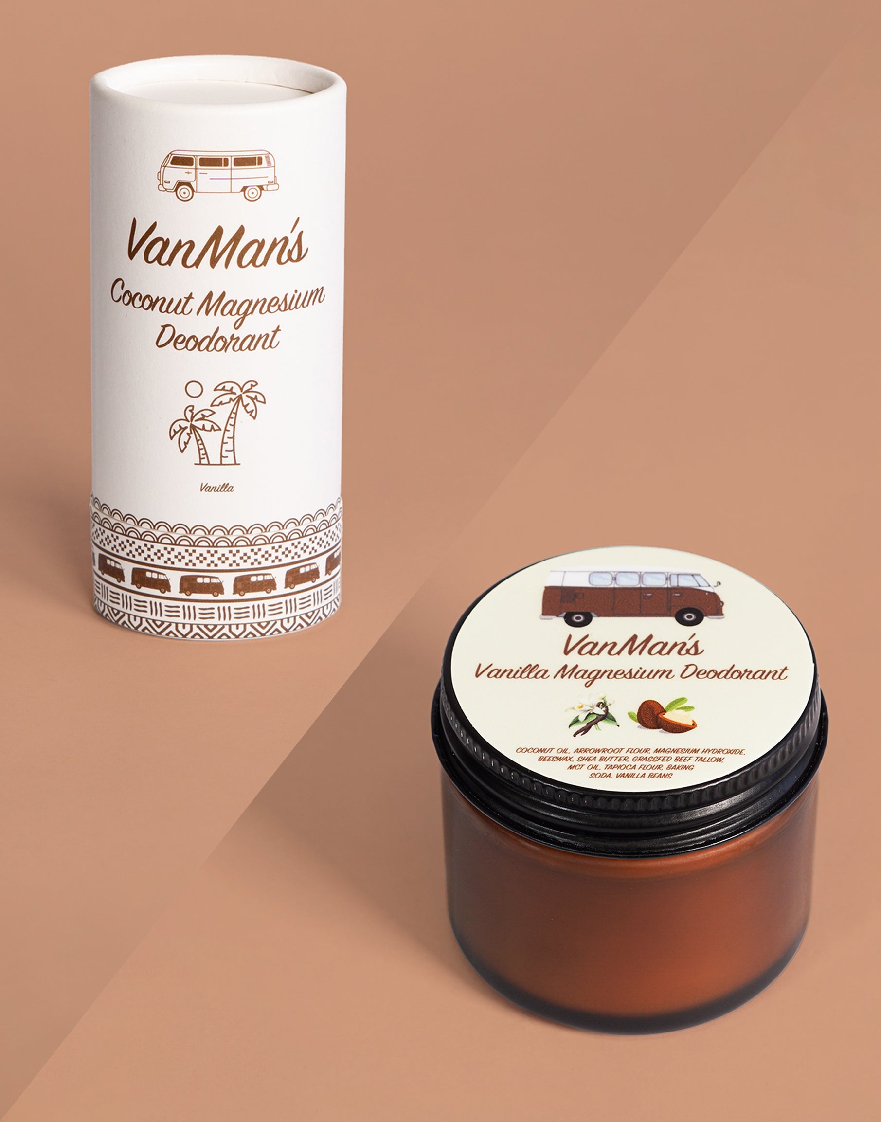 Showcases VanMan's natural deodorant in coconut magnesium and vanilla magnesium, featuring a vintage van illustration on the packaging.
