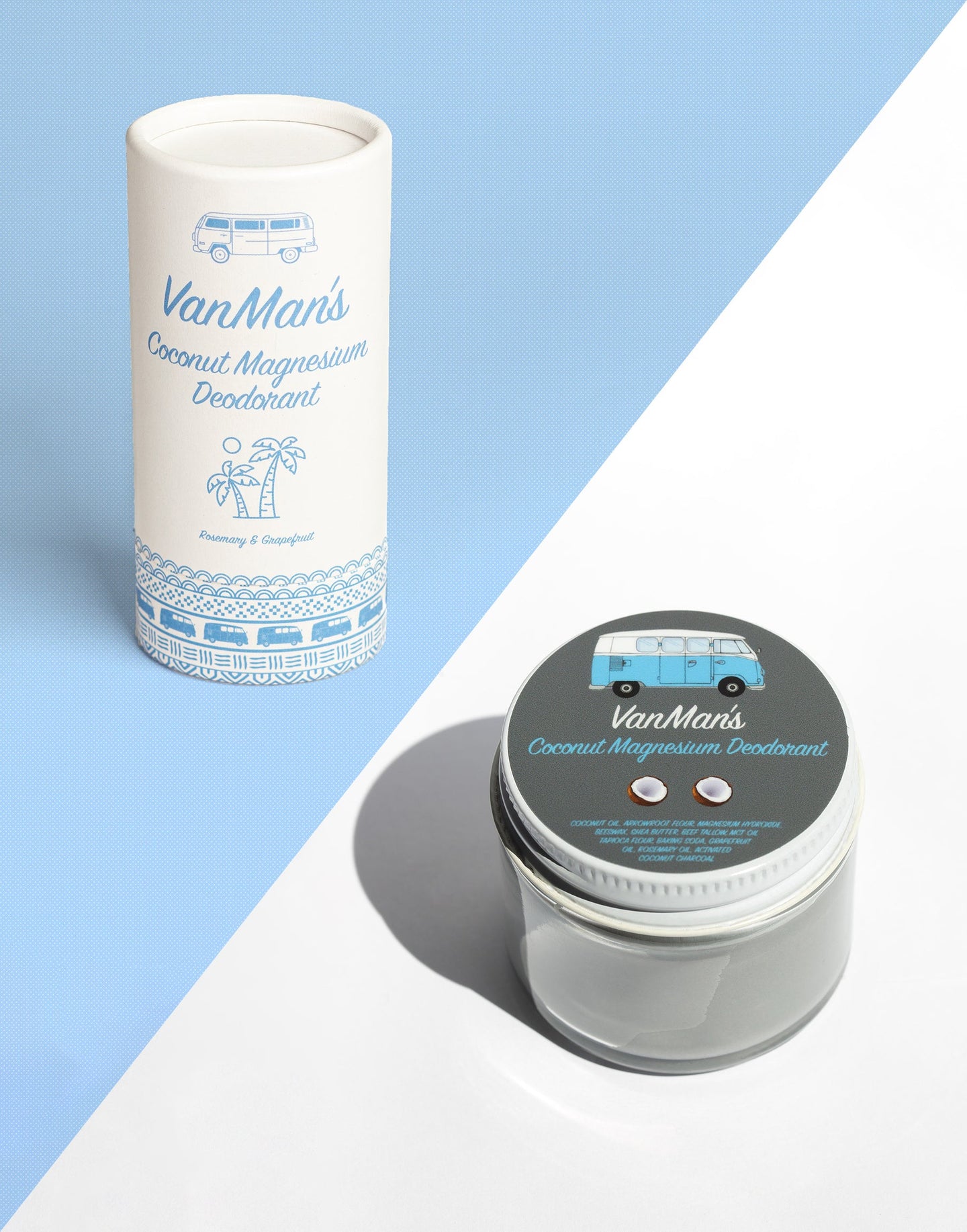 VanMan's Coconut Magnesium Deodorant presents in both a tube and jar, featuring a cute blue van design.
