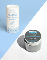 VanMan's Coconut Magnesium Deodorant presents in both a tube and jar, featuring a cute blue van design.
