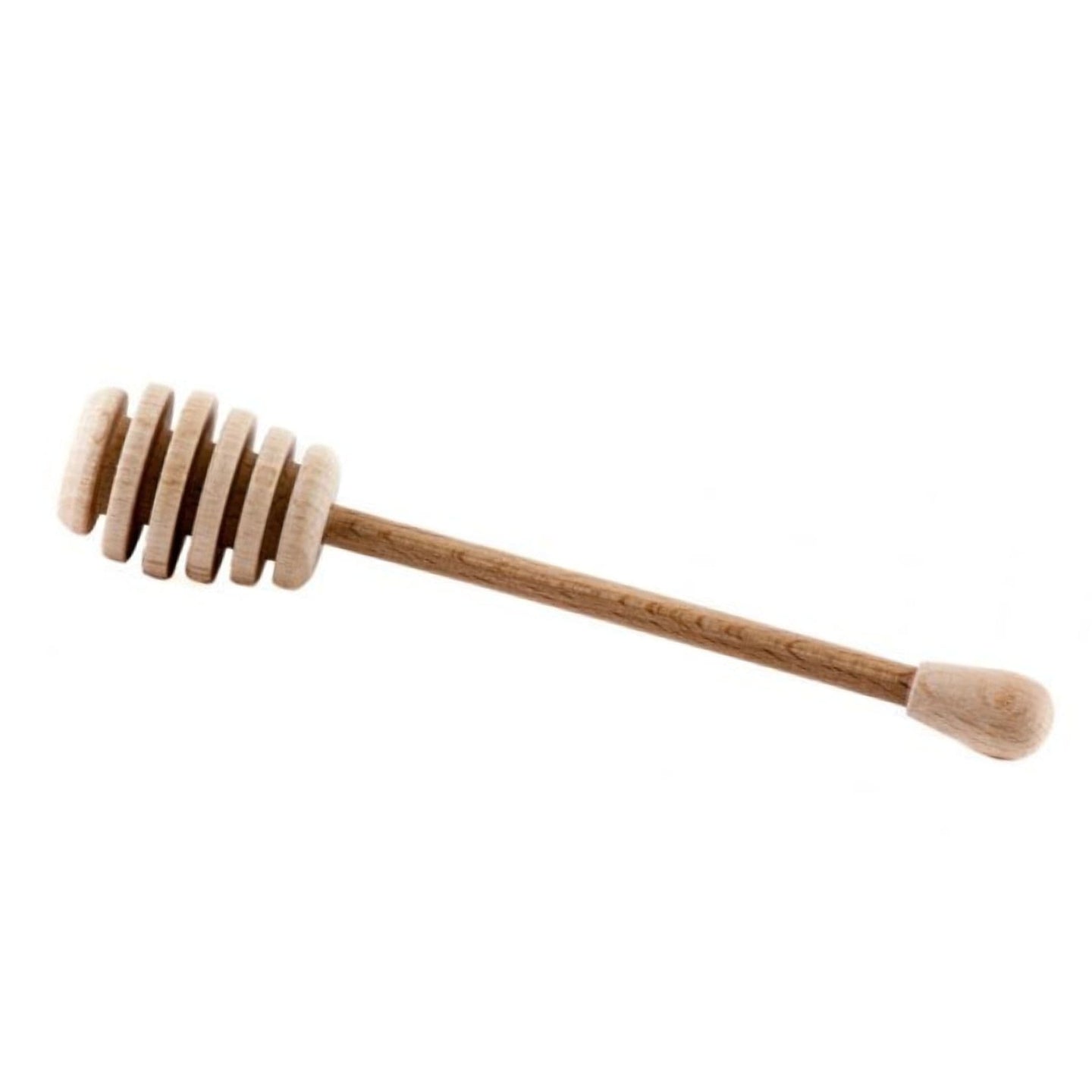 A wooden honey dipper sits against a bright white background.
