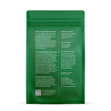 Purity Coffee details its organic arabica beans, health benefits, taste profile, and brewing recommendations on a green package.
