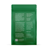 Purity Coffee details its organic arabica beans, health benefits, taste profile, and brewing recommendations on a green package.

