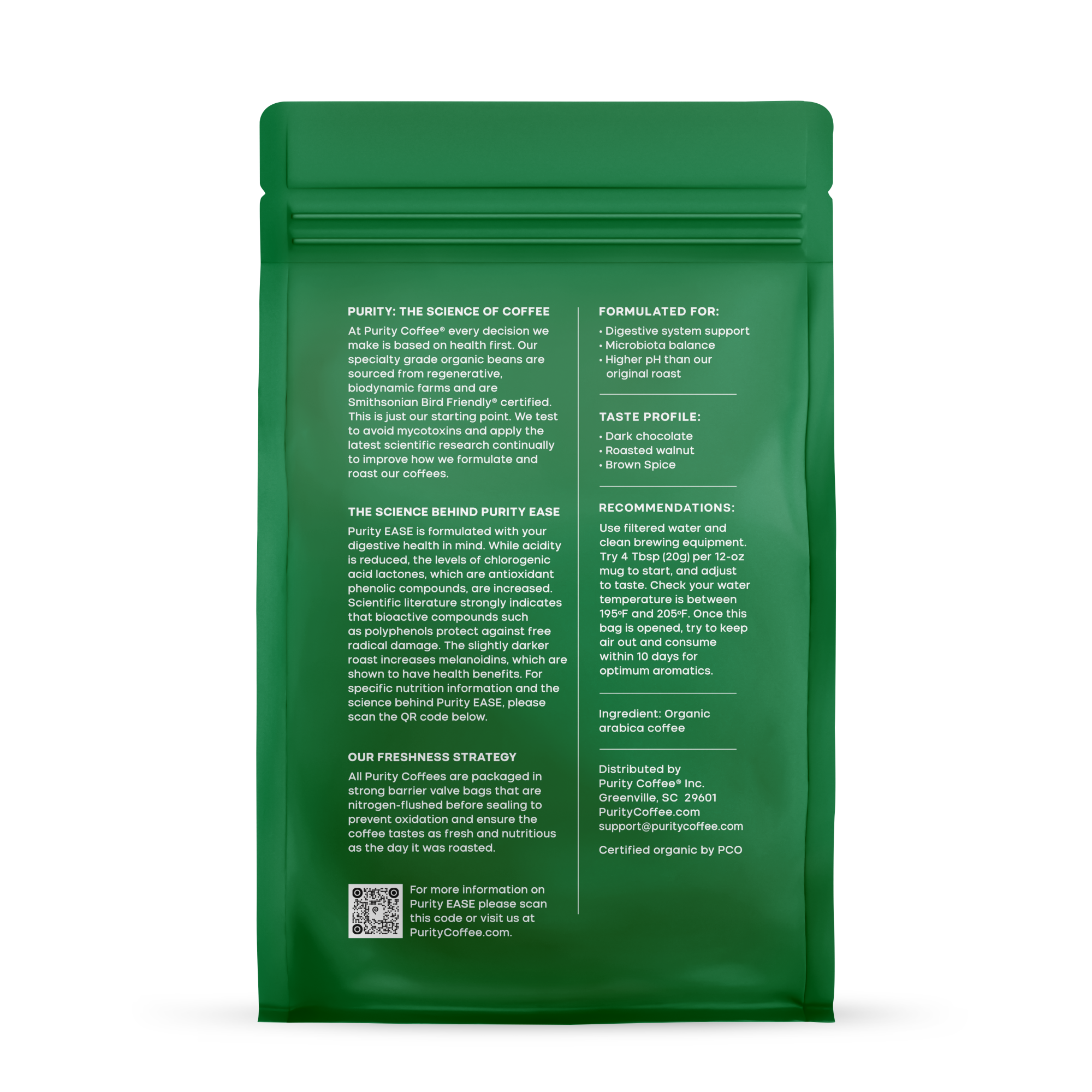 Purity Coffee displays its organic arabica beans in a green package, highlighting its health benefits, taste profile, and brewing recommendations.
