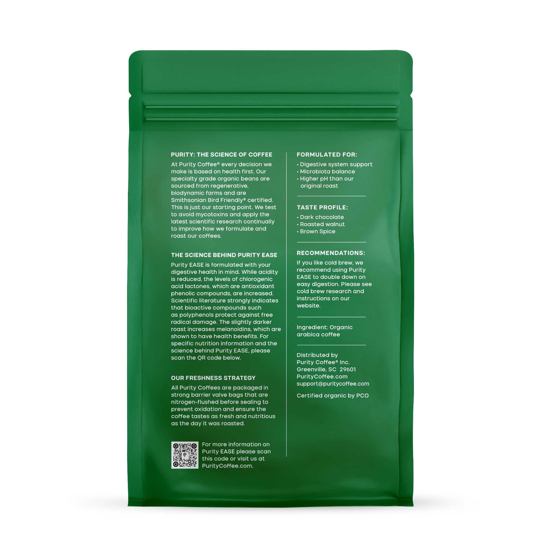 Purity Coffee advertises their organic arabica coffee in a green bag, promoting its health benefits and focus on digestive ease.
