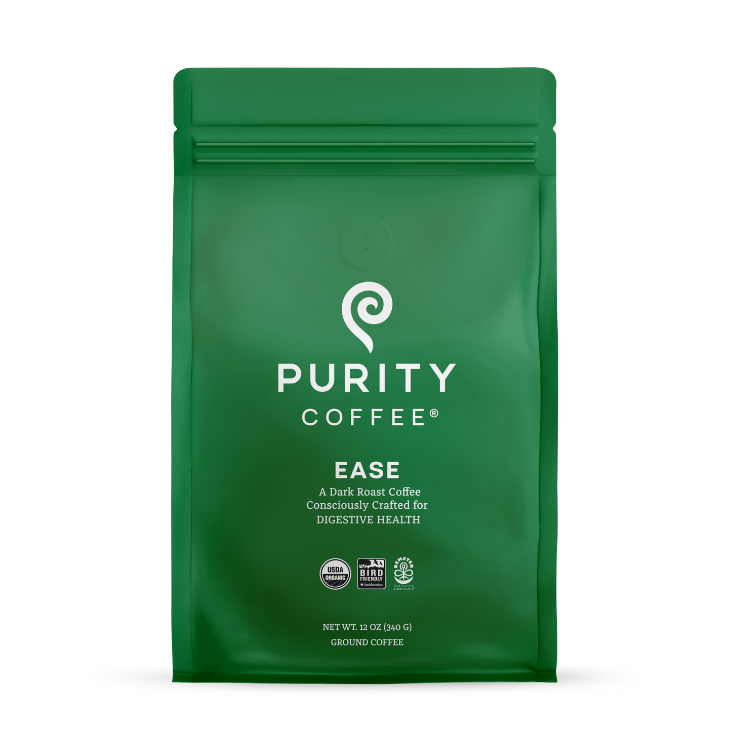 Purity Coffee sells "Ease," a dark roast ground coffee designed to support digestive health, packaged in a green bag with USDA Organic and Bird Friendly certifications.
