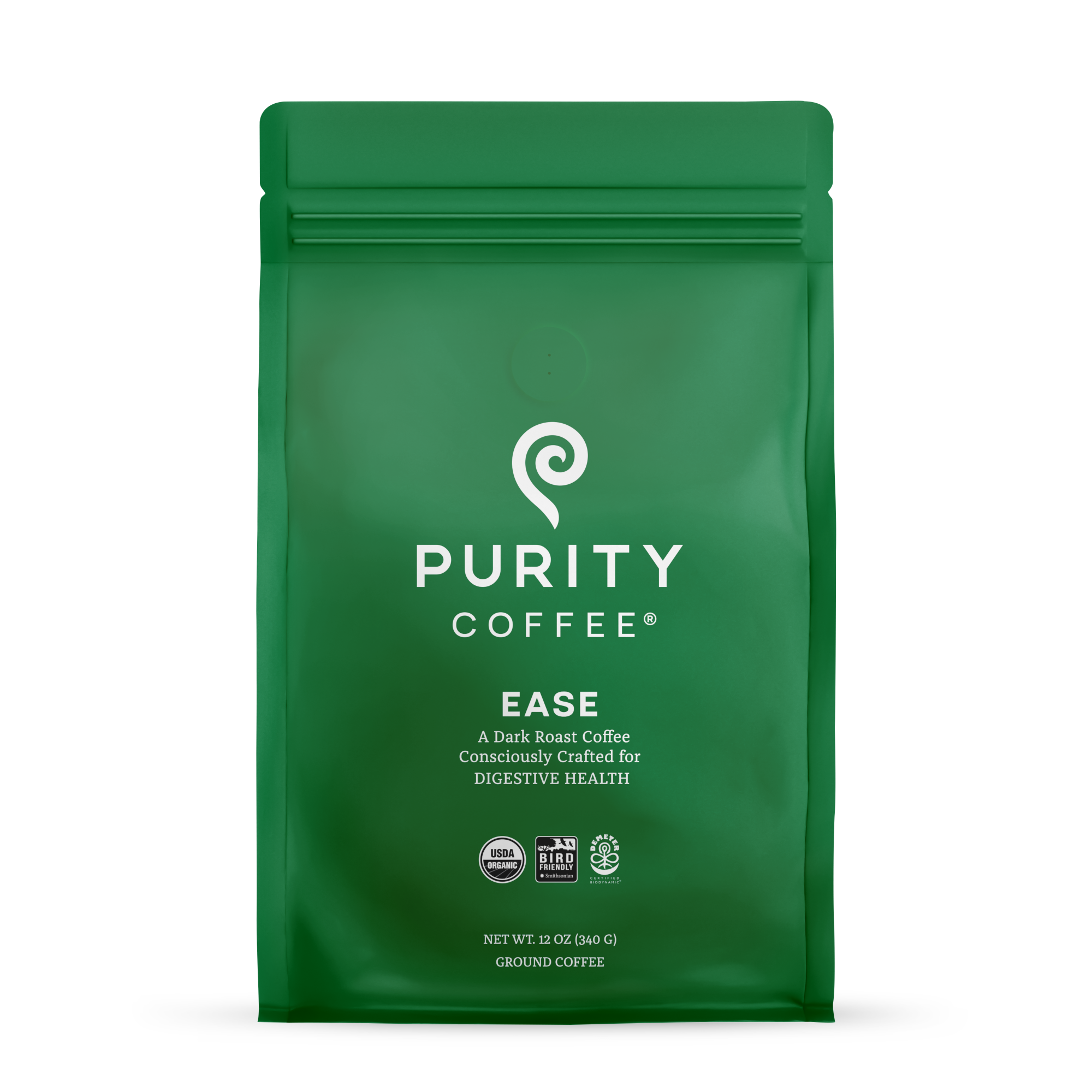 Purity Coffee sells "Ease," a dark roast ground coffee designed to support digestive health, packaged in a green bag with USDA Organic and Bird Friendly certifications.
