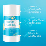 Breathe Naturals deodorant advertises all-day odor protection, clear application with no pit-stains, and suitability for sensitive skin.
