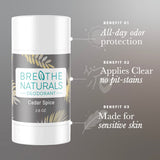 Breathe Naturals Cedar Spice deodorant promises all-day odor protection, clear application without pit-stains, and gentle care for sensitive skin.
