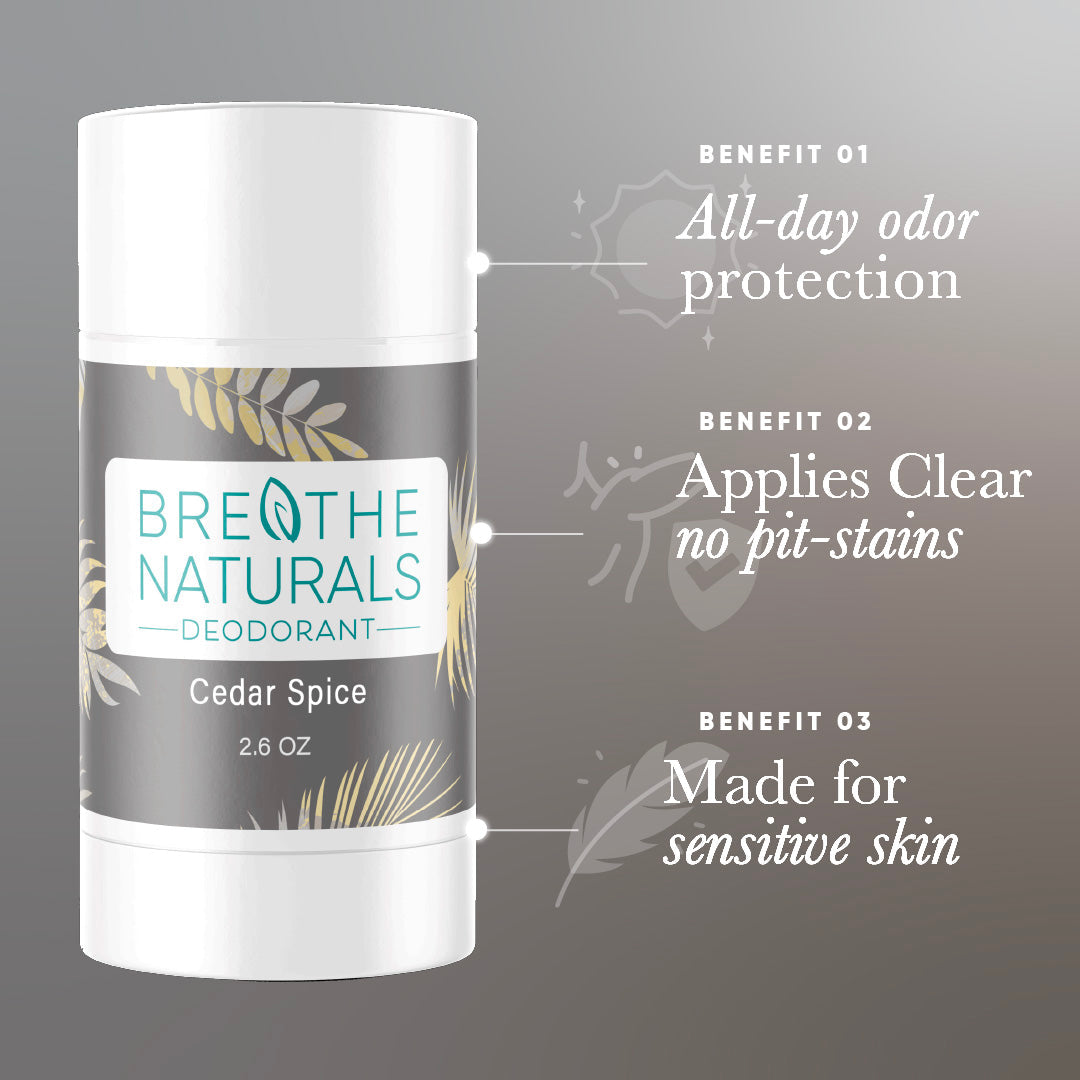 Breathe Naturals Cedar Spice deodorant promises all-day odor protection, clear application without pit-stains, and gentle care for sensitive skin.
