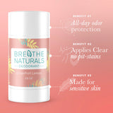 Breathe Naturals deodorant, featuring grapefruit lemon scent, provides all-day odor protection and clear, stain-free application, designed for sensitive skin.

