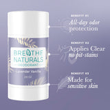 Breathe Naturals lavender vanilla deodorant provides all-day odor protection, applies clear without pit stains, and is made for sensitive skin.
