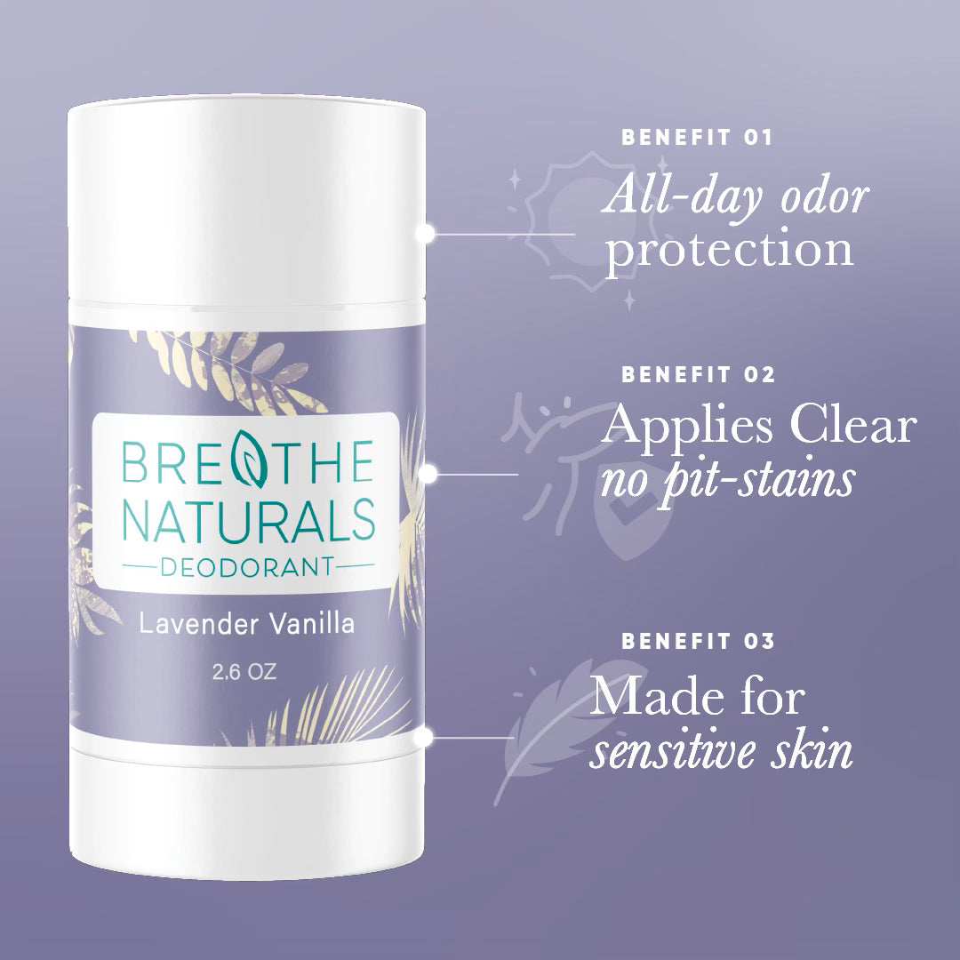 Breathe Naturals lavender vanilla deodorant provides all-day odor protection, applies clear without pit stains, and is made for sensitive skin.

