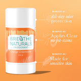 Breathe Naturals Orange Creamsicle deodorant promises all-day odor protection, clear application without pit stains, and a formula made for sensitive skin.
