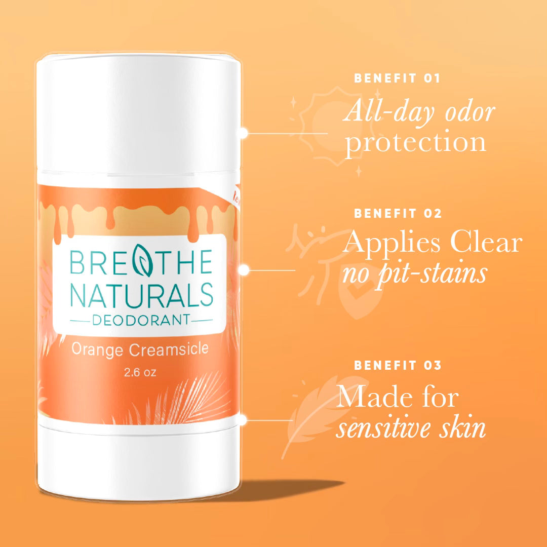 Breathe Naturals Orange Creamsicle deodorant promises all-day odor protection, clear application without pit stains, and a formula made for sensitive skin.

