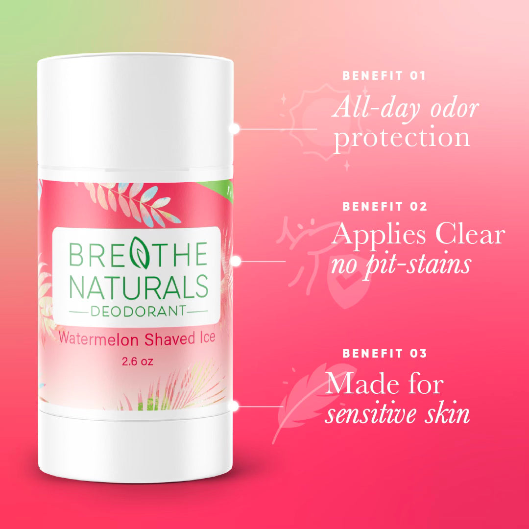 Breathe Naturals deodorant in Watermelon Shaved Ice flavor promises all-day odor protection, clear application without pit-stains, and gentle care for sensitive skin.
