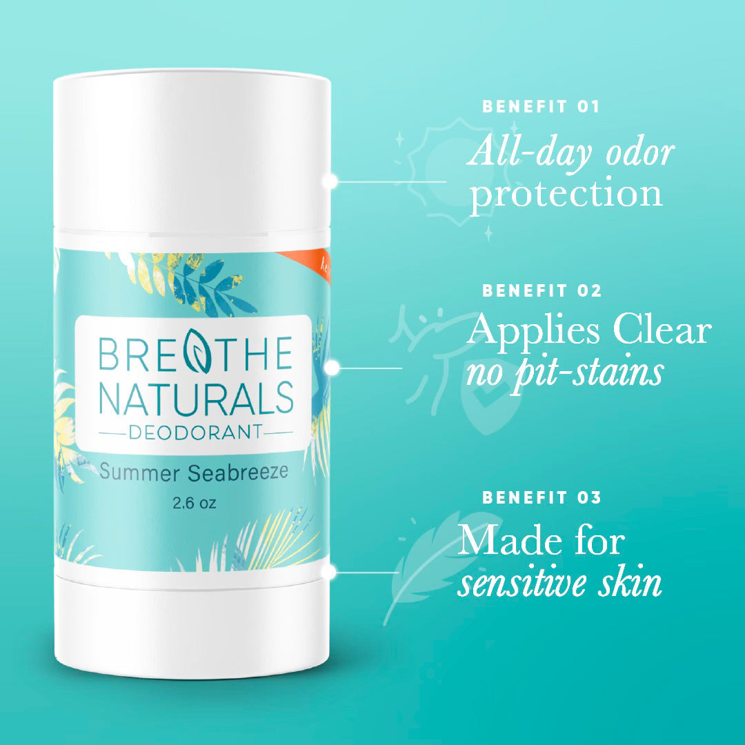 Breathe Naturals Summer Seabreeze deodorant promises all-day odor protection and clear application for sensitive skin.
