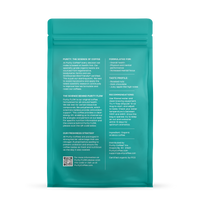 Purity Coffee's teal packaging details its organic arabica coffee beans, health benefits, taste profile, and brewing recommendations.
