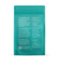 Examine a teal bag of Purity FLOW organic arabica coffee, highlighting its focus on health, flavor notes, and freshness strategy.
