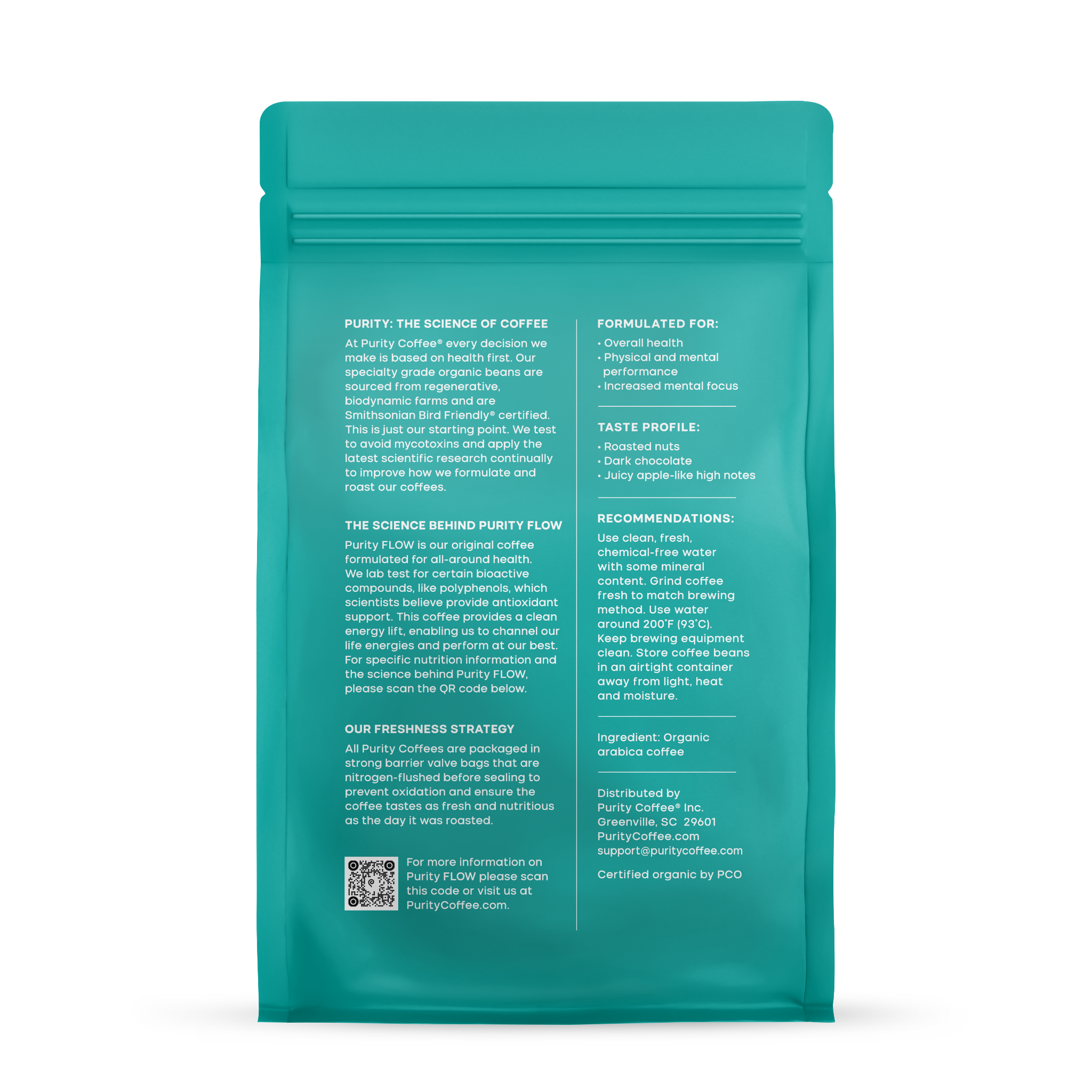 Examine a teal bag of Purity FLOW organic arabica coffee, highlighting its focus on health, flavor notes, and freshness strategy.
