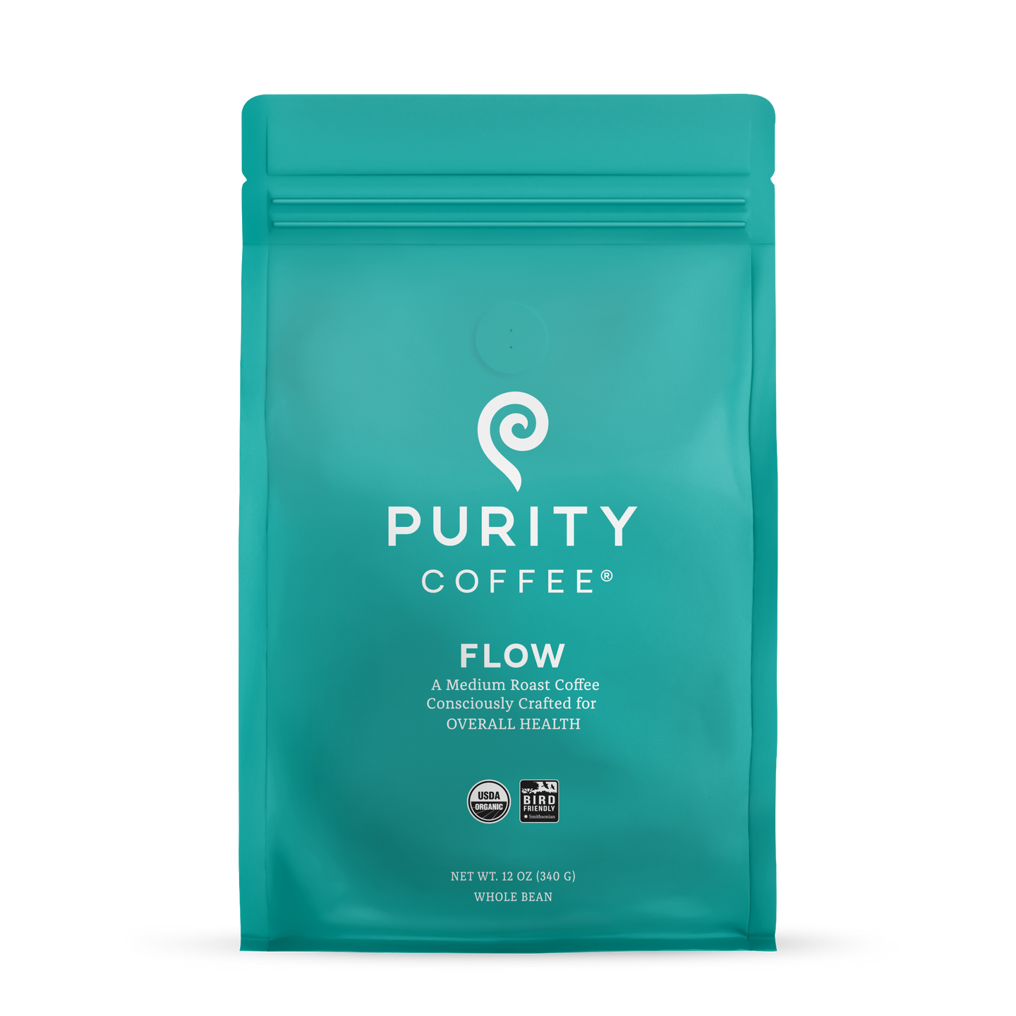 Showcases a teal bag of Purity Coffee Flow, a medium roast whole bean coffee crafted for health and certified organic and bird-friendly.