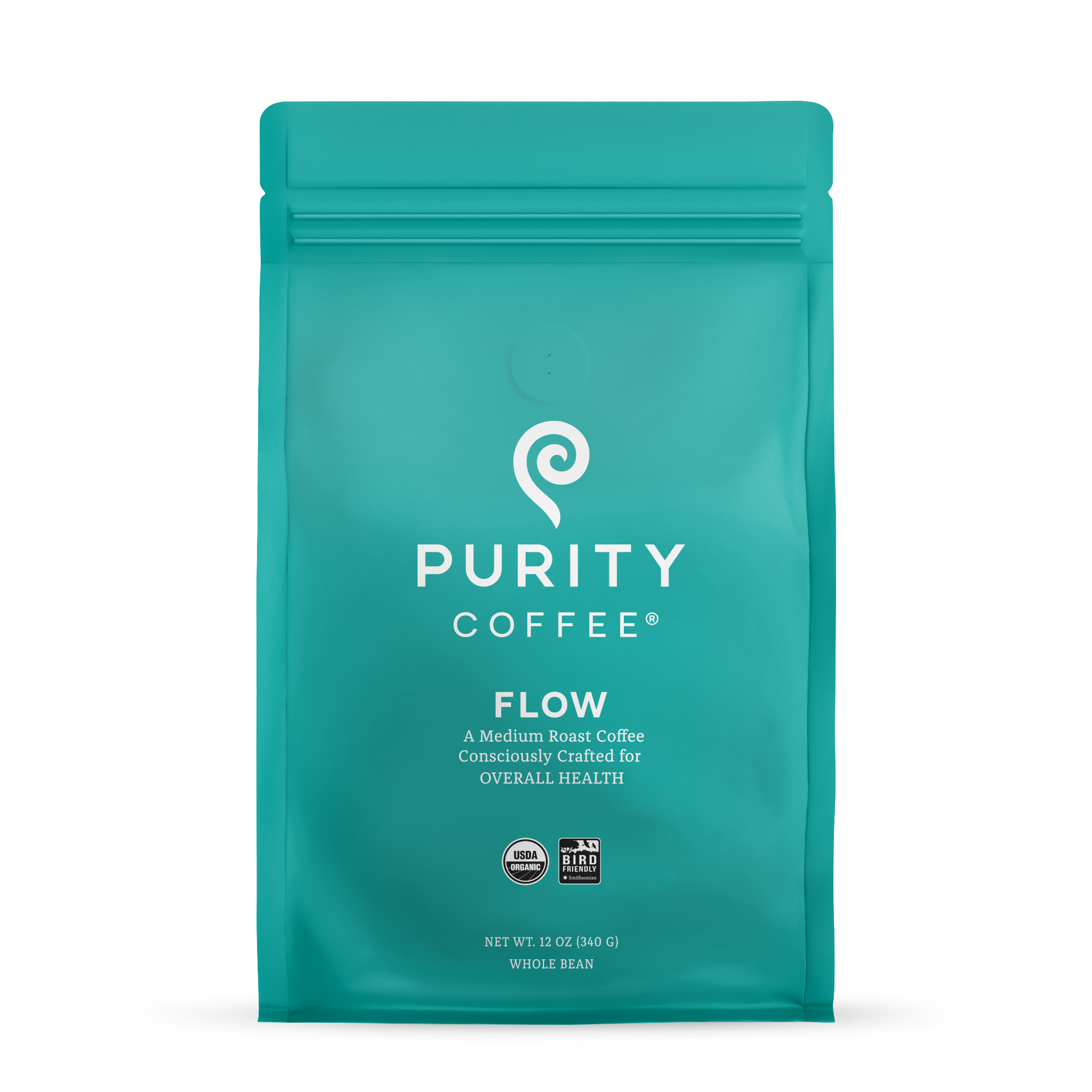 Showcases a teal bag of Purity Coffee Flow, a medium roast whole bean coffee crafted for health and certified organic and bird-friendly.