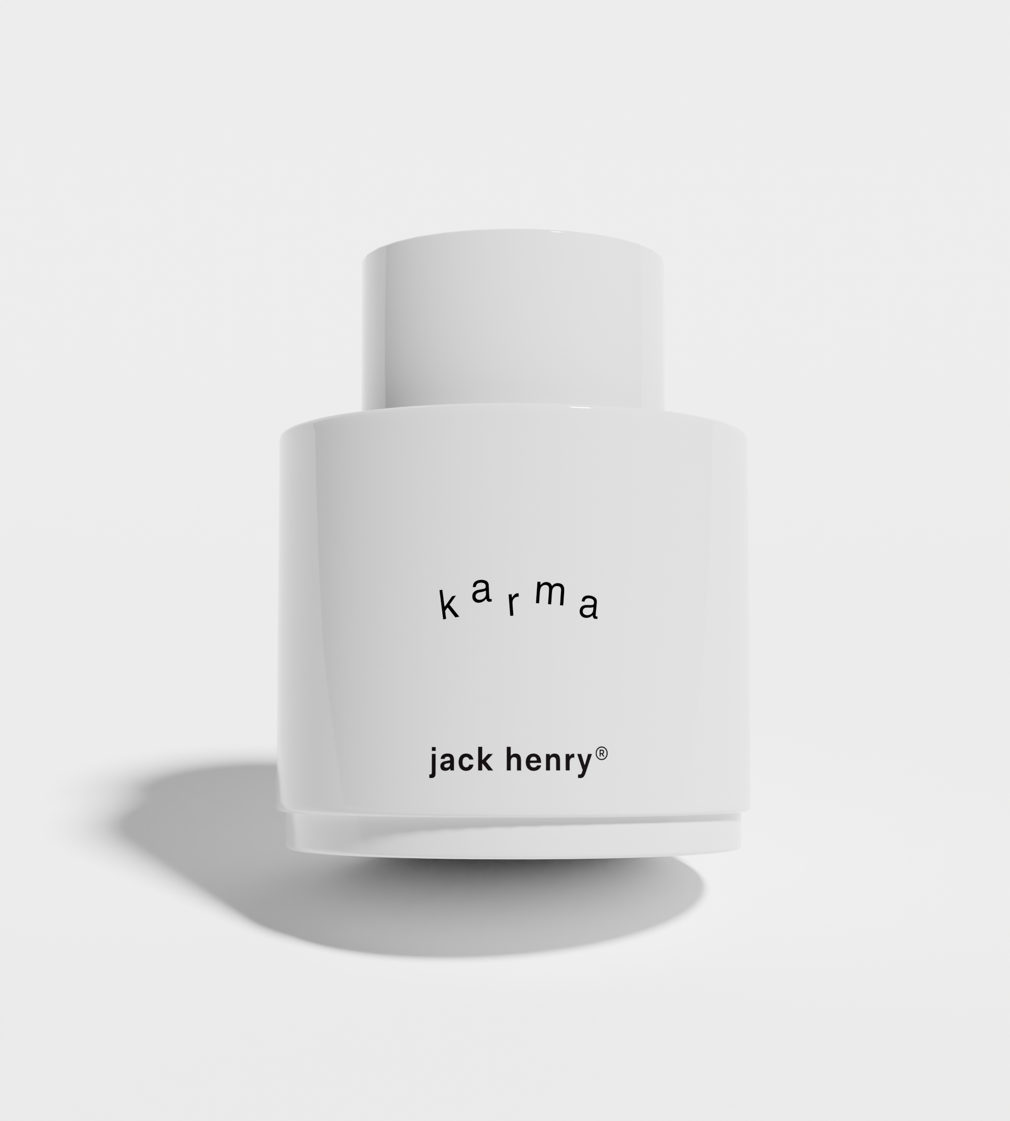 A white Jack Henry "Karma" moisturizer bottle sits on a white background.
