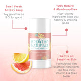 Breathe Naturals Grapefruit Lemon deodorant sits beside sliced grapefruit and lemon, advertising its natural ingredients for sensitive skin.
