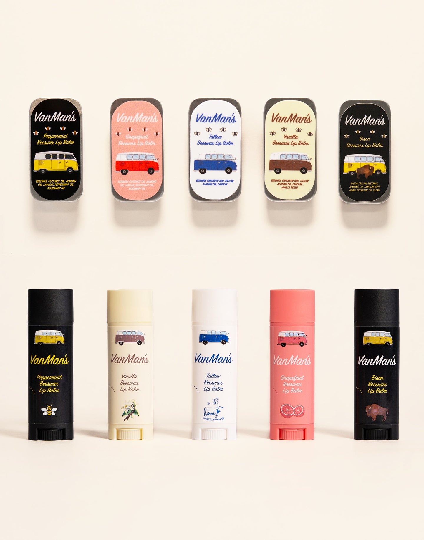 VanMan's displays colorful beeswax lip balms, including peppermint, vanilla, grapefruit, tallow, and bison flavors, featuring vintage-style camper van designs.