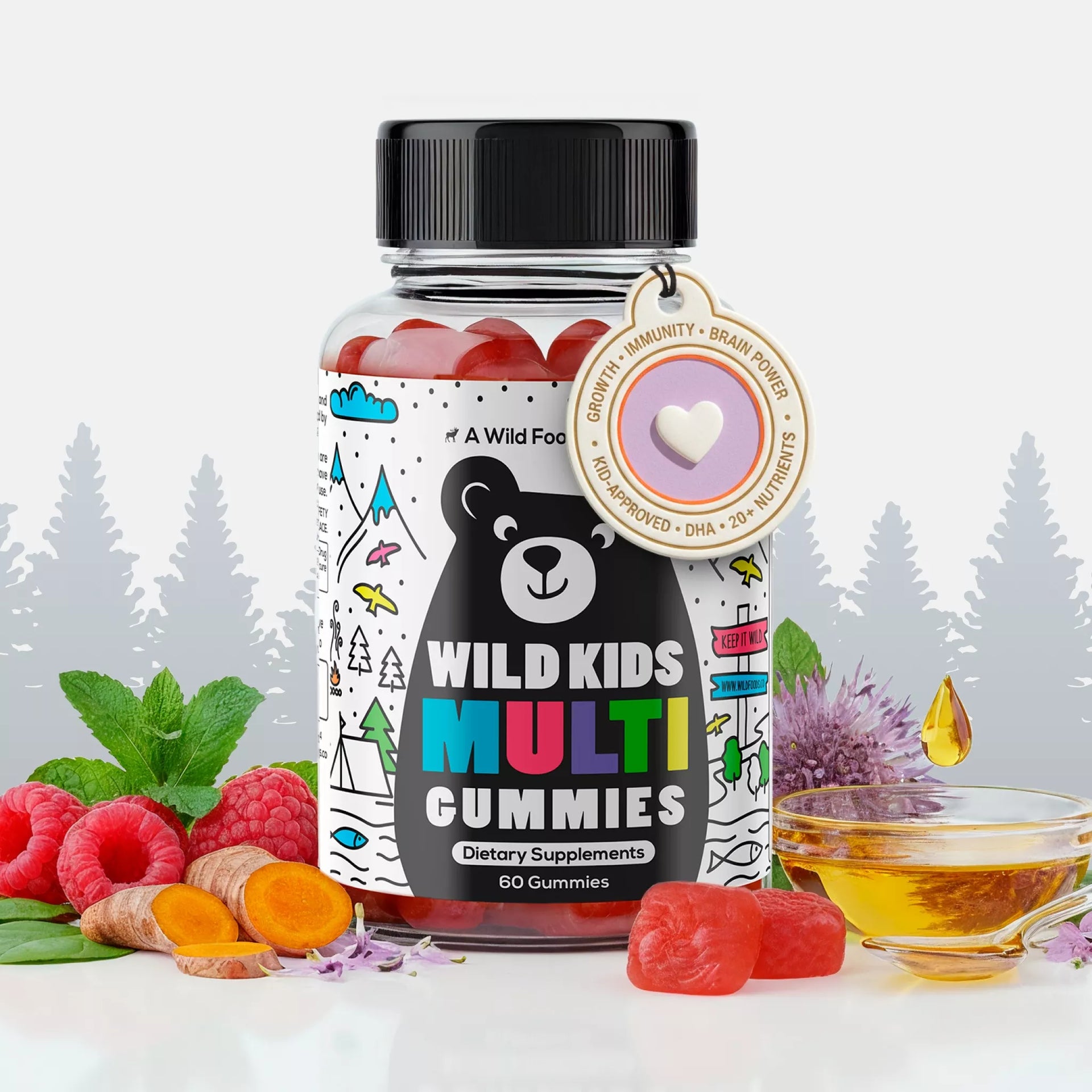 Bottle of Wild Kids Multi Gummies on a white background