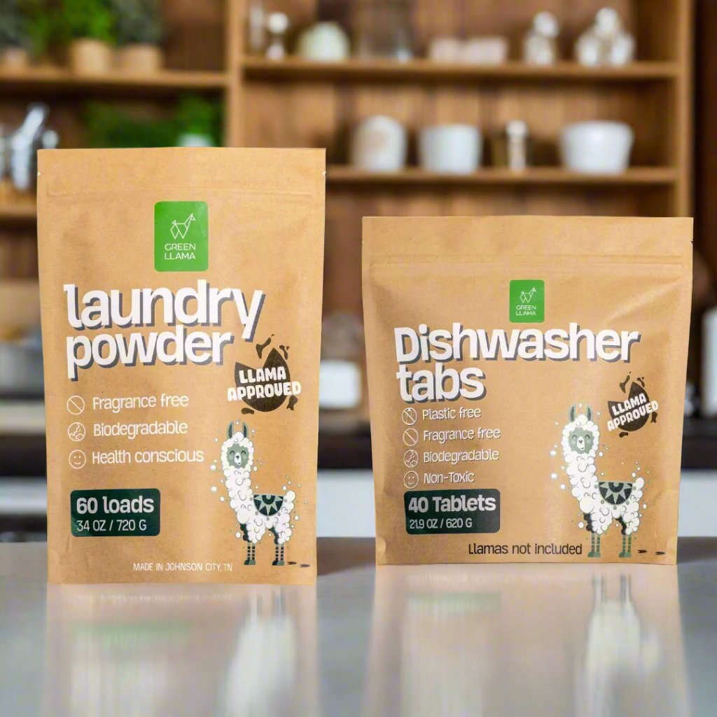 Green Llama shows their eco-friendly laundry powder and dishwasher tabs featuring a "Llama Approved" seal.
