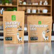 Green Llama shows their eco-friendly laundry powder and dishwasher tabs featuring a "Llama Approved" seal.
