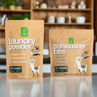 Green Llama shows their eco-friendly laundry powder and dishwasher tabs featuring a "Llama Approved" seal.

