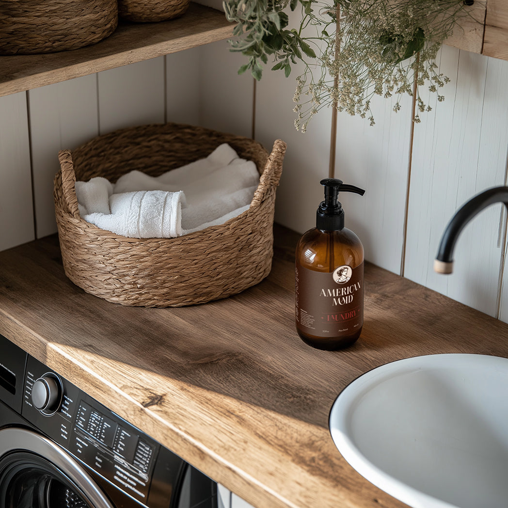 Laundry room countertop features a basket of rolled white towels and a bottle of American Maid laundry soap next to a sink.
