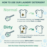 Infographic illustrates how to use laundry detergent, showing a single scoop for normal cleaning and two scoops for dirty loads.
