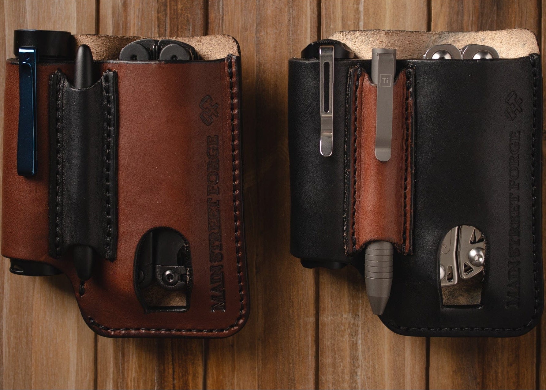 Two leather tool pouches on a wooden surface with text about American full grain leather.
