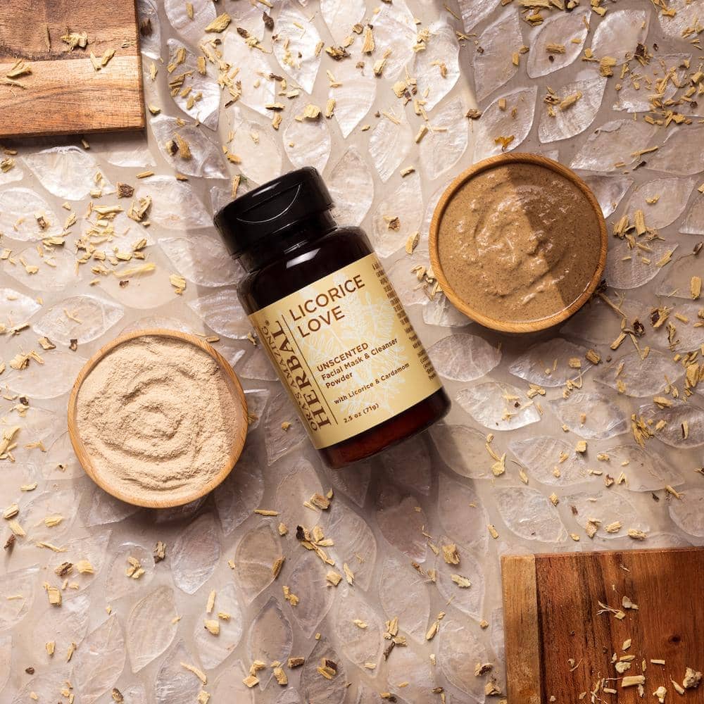Bottle of Unscented Facial Mask and Cleanser Powder called Licorice Love by Ora's Amazing Herbal