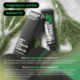 "Rrhoid Rage" hemorrhoid ointment tubes, highlighting magnesium sulfate and balsam fir ingredients, sit amongst balsam fir branches to emphasize their anti-inflammatory properties.
