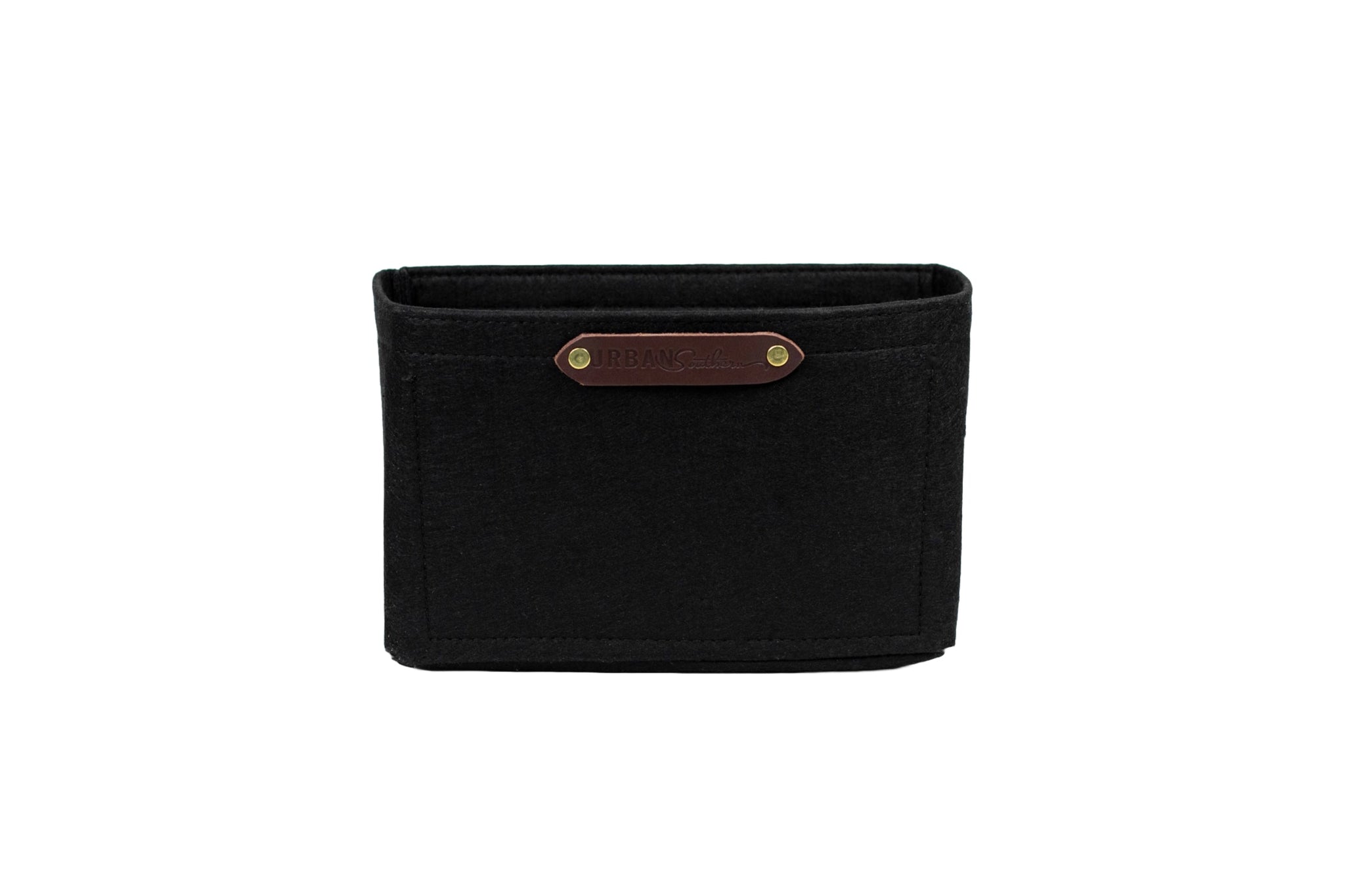 Urban Southern presents a black felt organizer with a brown leather label on a white background.
