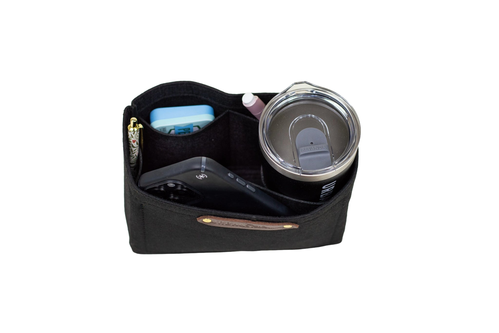 The black felt purse organizer displays a phone, pen, mints, lip gloss, and a Bevanda-branded travel mug.
