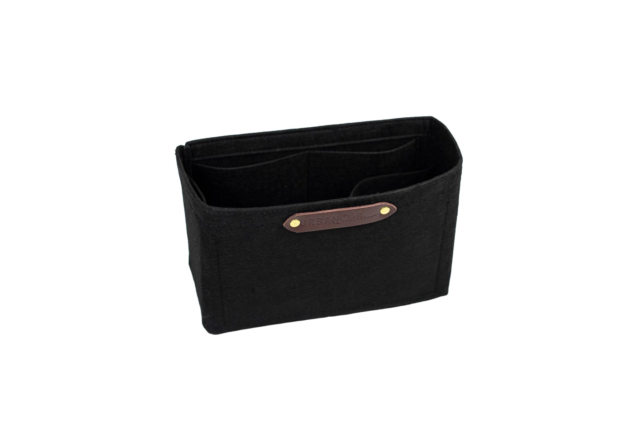 Displaying a black felt purse organizer with interior pockets and a leather logo patch against a white background.
