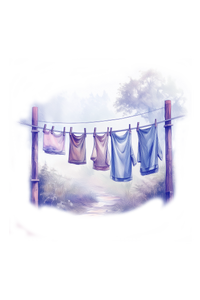Illustrative artwork shows colorful laundry drying on a clothesline in a misty outdoor setting.
