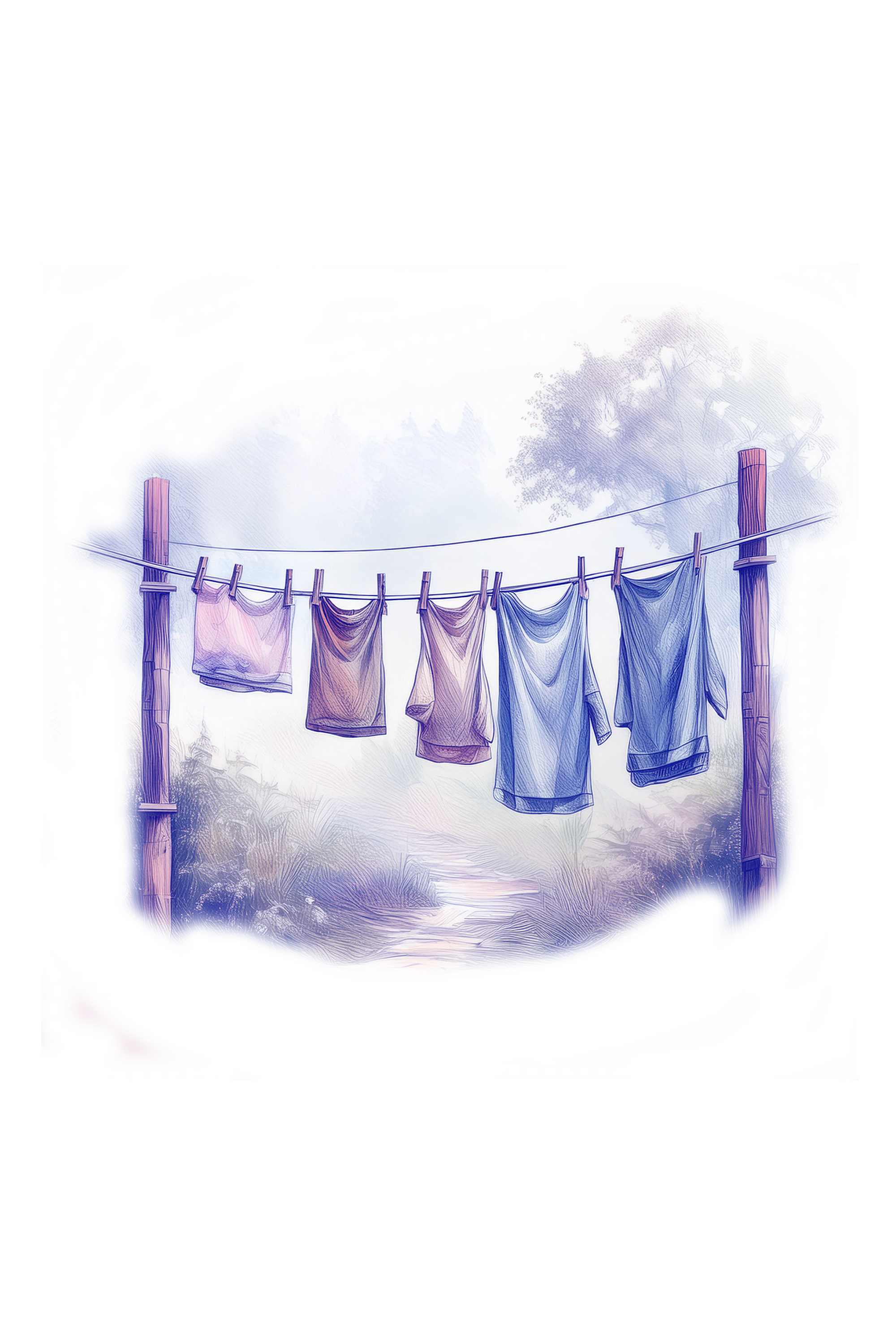 Illustrative artwork shows colorful laundry drying on a clothesline in a misty outdoor setting.
