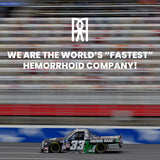 A black #33 stock car branded "RRHOID RAGE" races on a track, advertising the world's "fastest" hemorrhoid company.
