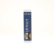 Showcases a tube of natural lip balm featuring raw honey and pure beeswax from Register Family Bee Farm.
