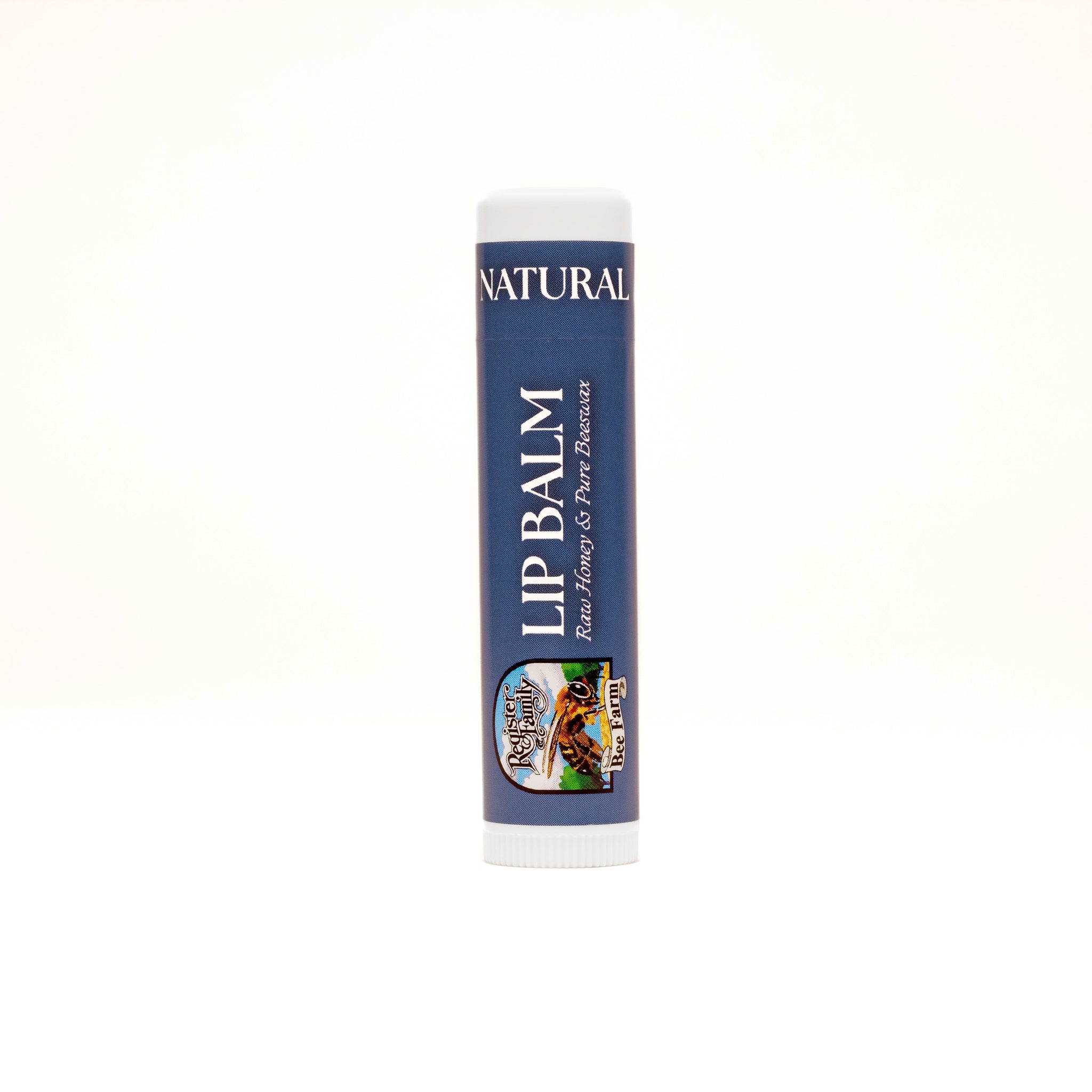 Showcases a tube of natural lip balm featuring raw honey and pure beeswax from Register Family Bee Farm.
