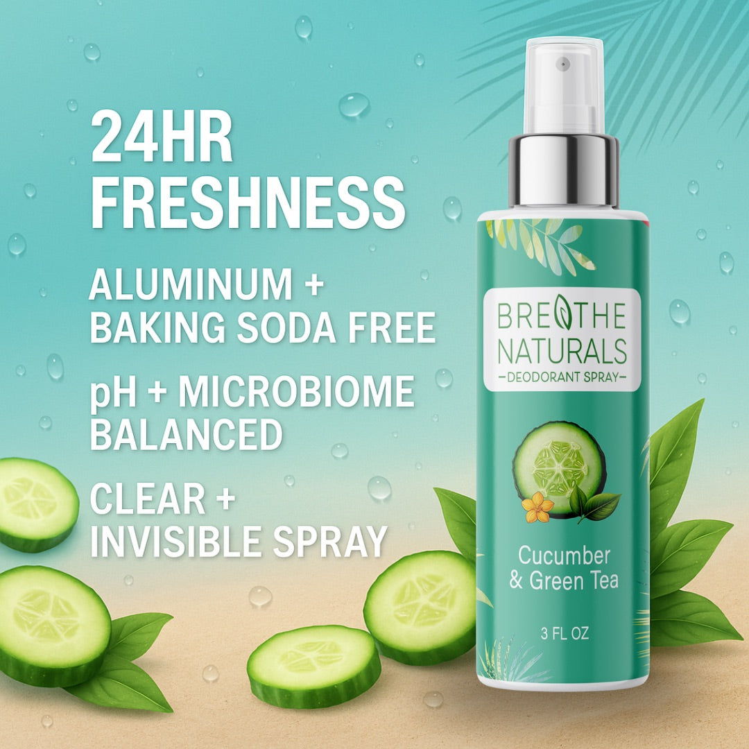 Breathe Naturals deodorant spray, featuring cucumber and green tea, advertises 24-hour freshness with an aluminum- and baking-soda-free formula.
