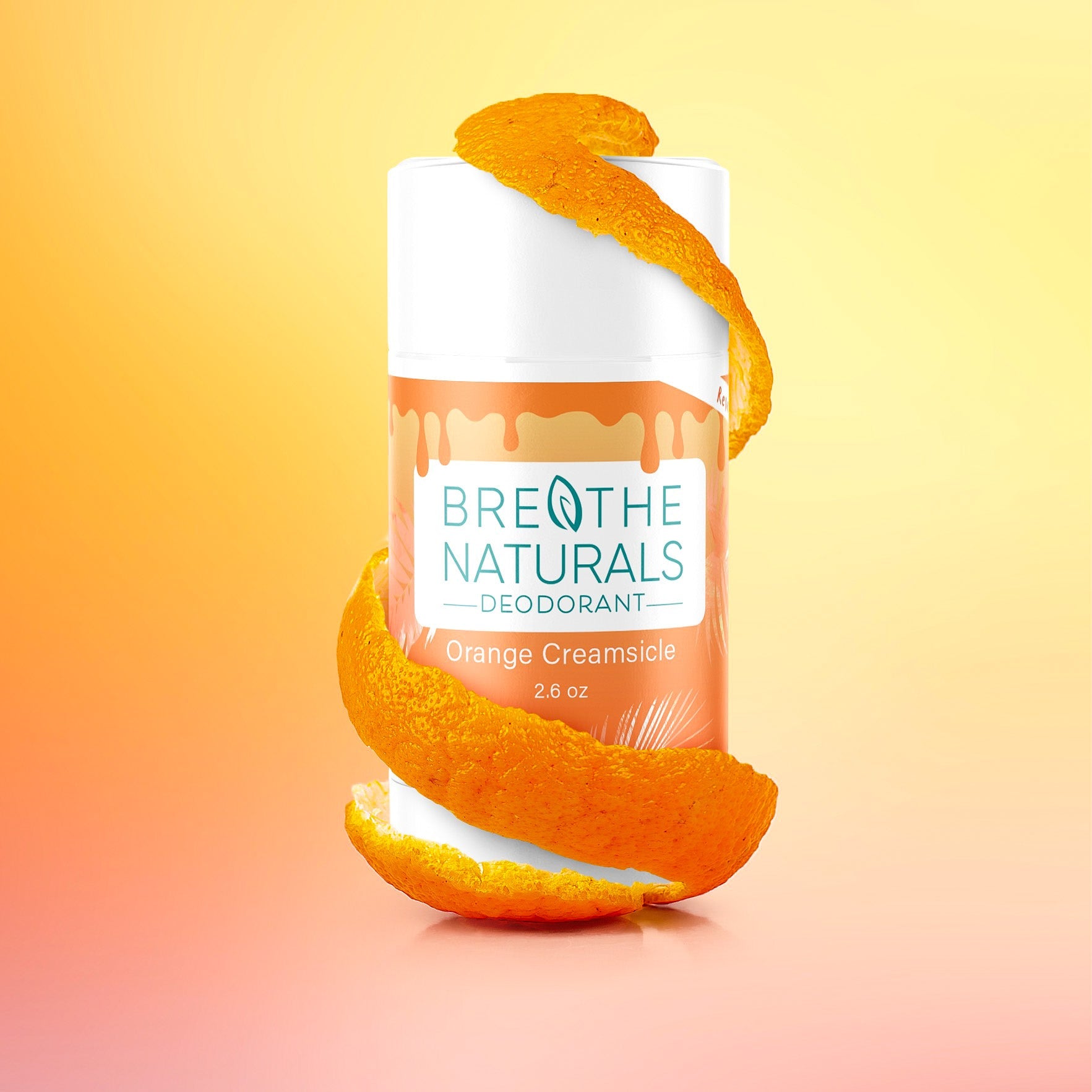 An orange peel spirals around a container of Breathe Naturals Orange Creamsicle deodorant.
